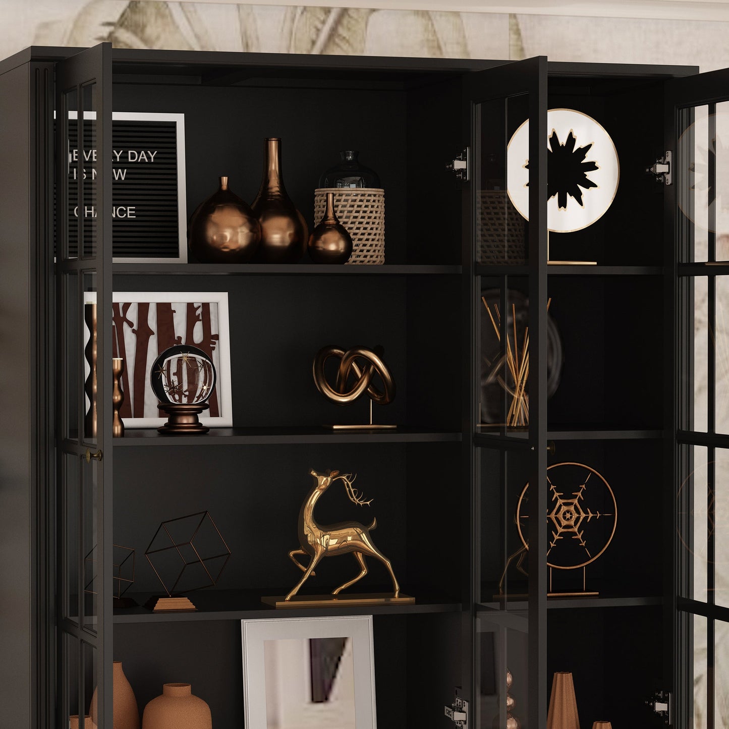 Grande bibliothèque vitrine avec étagères de rangement, 3 portes vitrées et 4 tiroirs avec poignées en métal