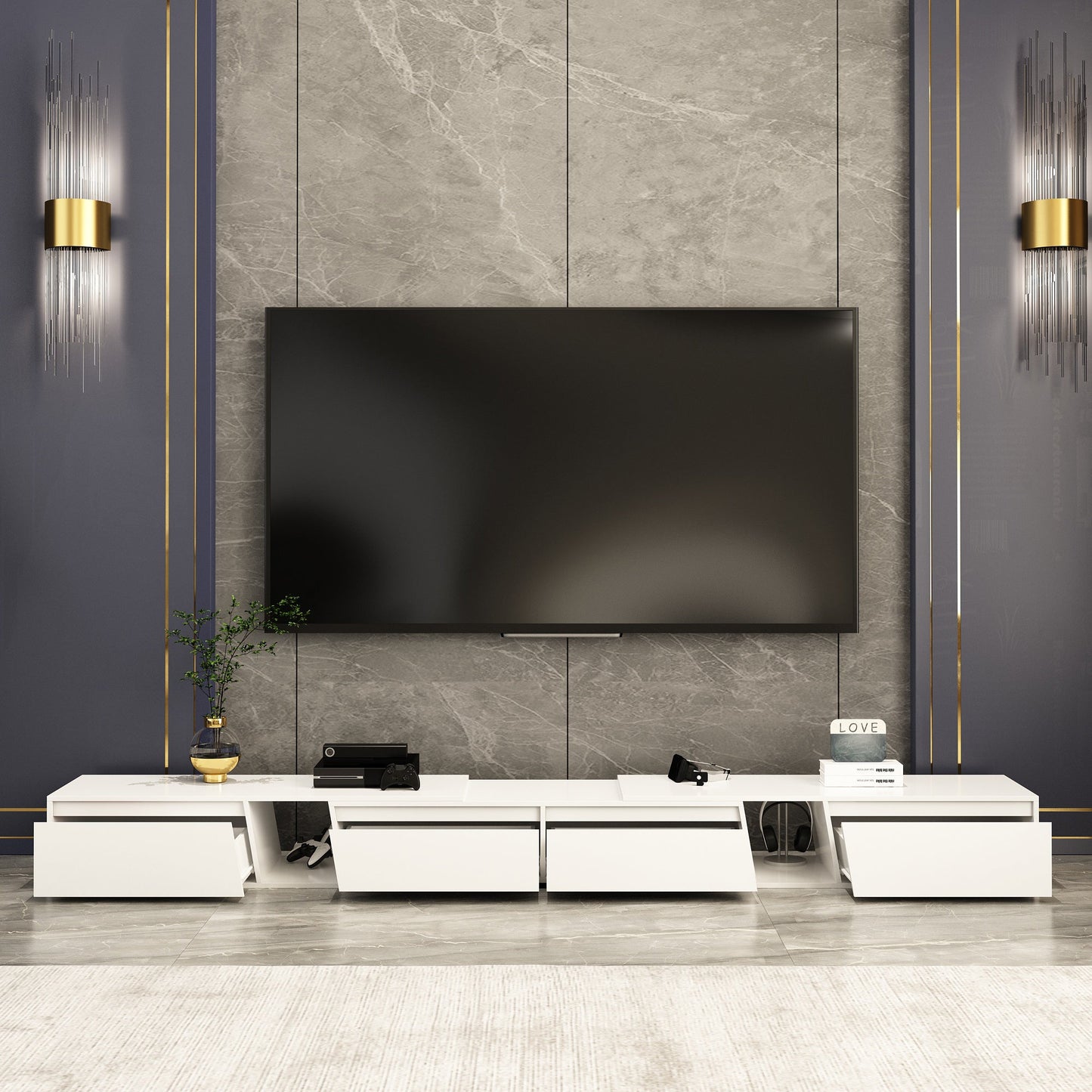 Console multimédia à 4 tiroirs de 94,5 pouces de large