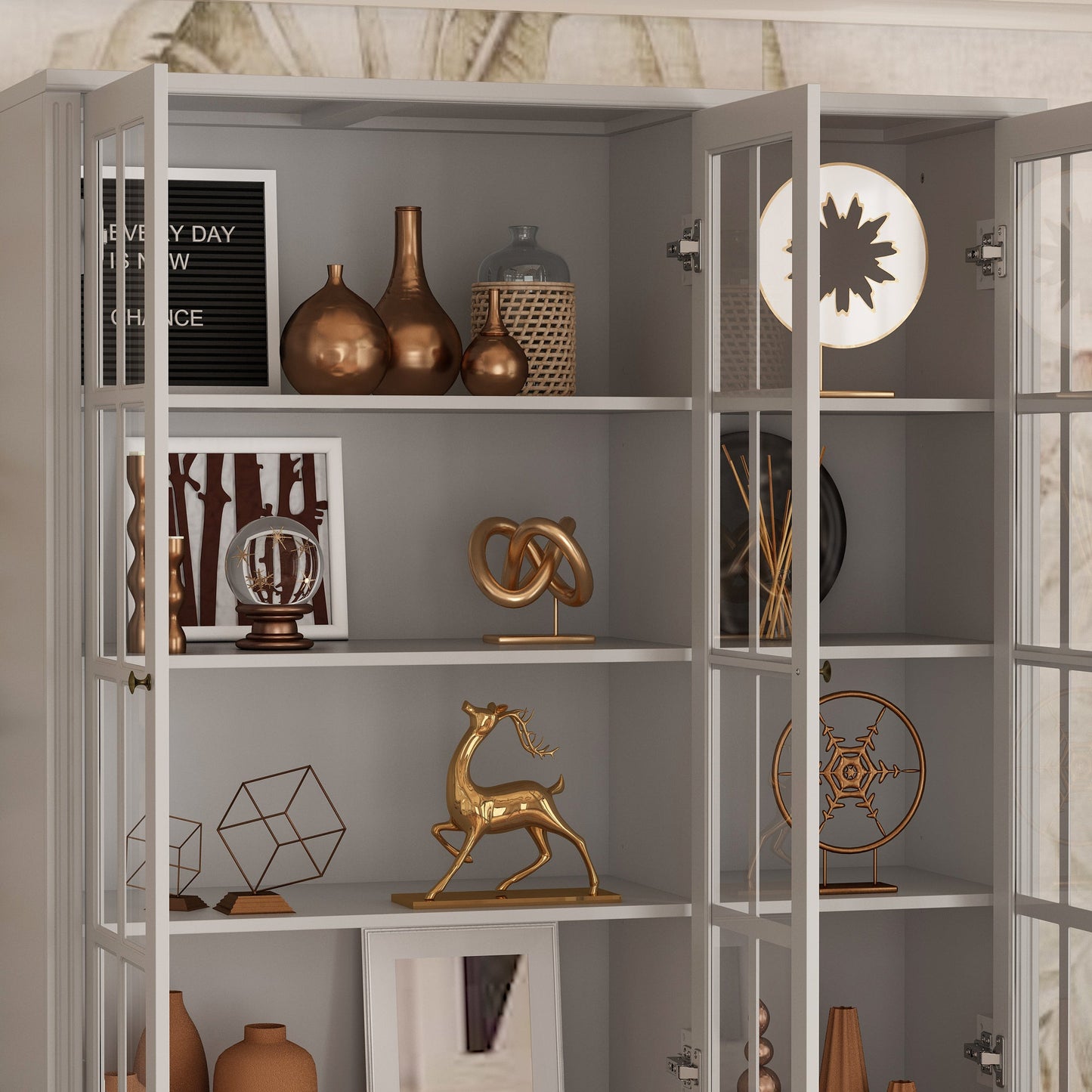 Grande bibliothèque vitrine avec étagères de rangement, 3 portes vitrées et 4 tiroirs avec poignées en métal