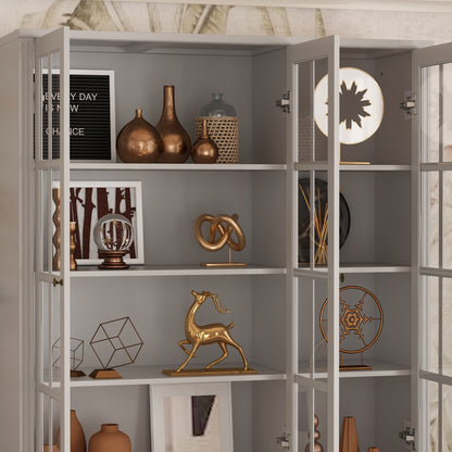 Grande bibliothèque vitrine avec étagères de rangement, 3 portes vitrées et 4 tiroirs avec poignées en métal