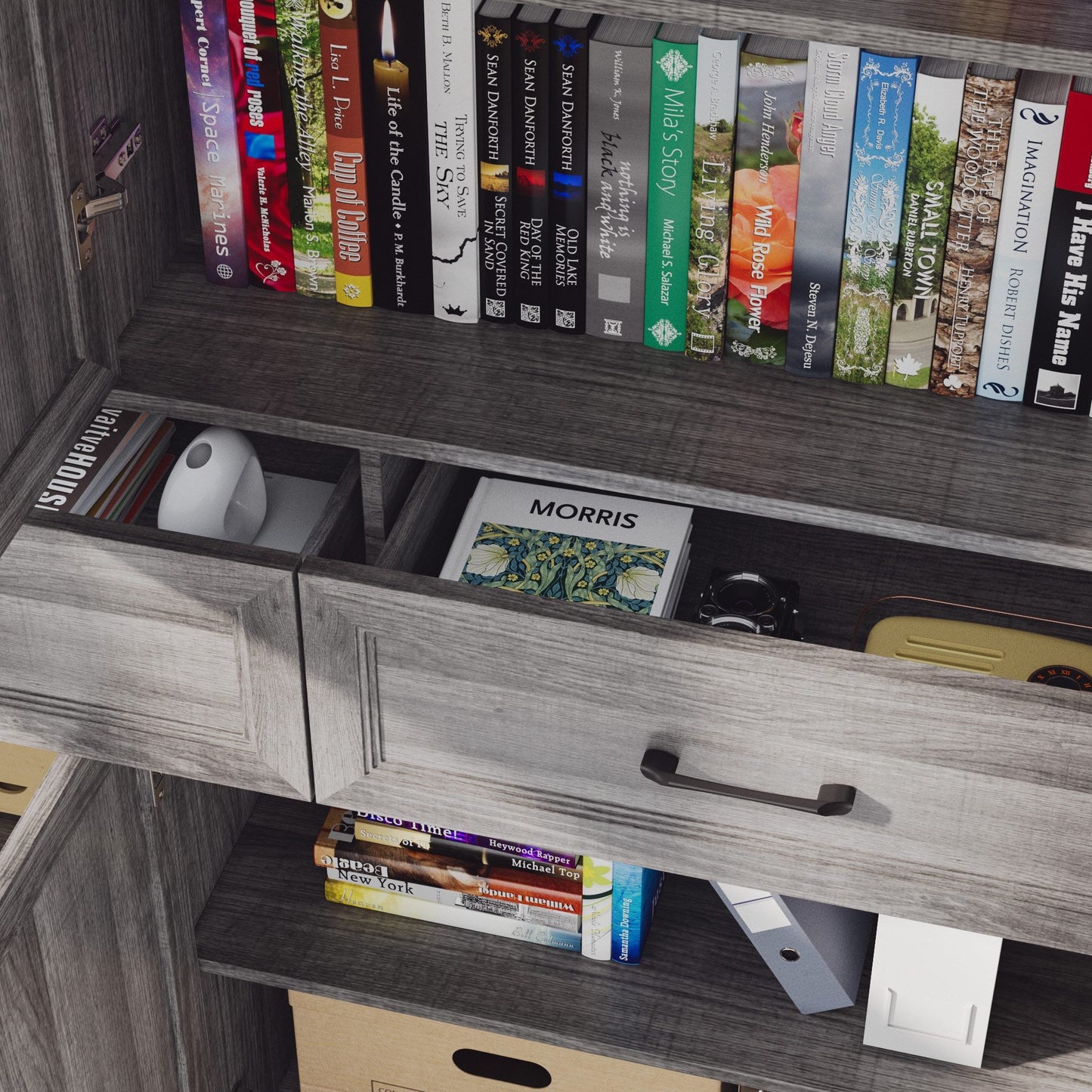 Meuble de rangement modulaire élégant : design épuré et combinaison de compartiments ouverts et fermés.