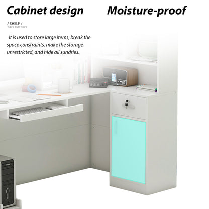 Bureau d'accueil en forme de L avec grands classeurs de rangement 