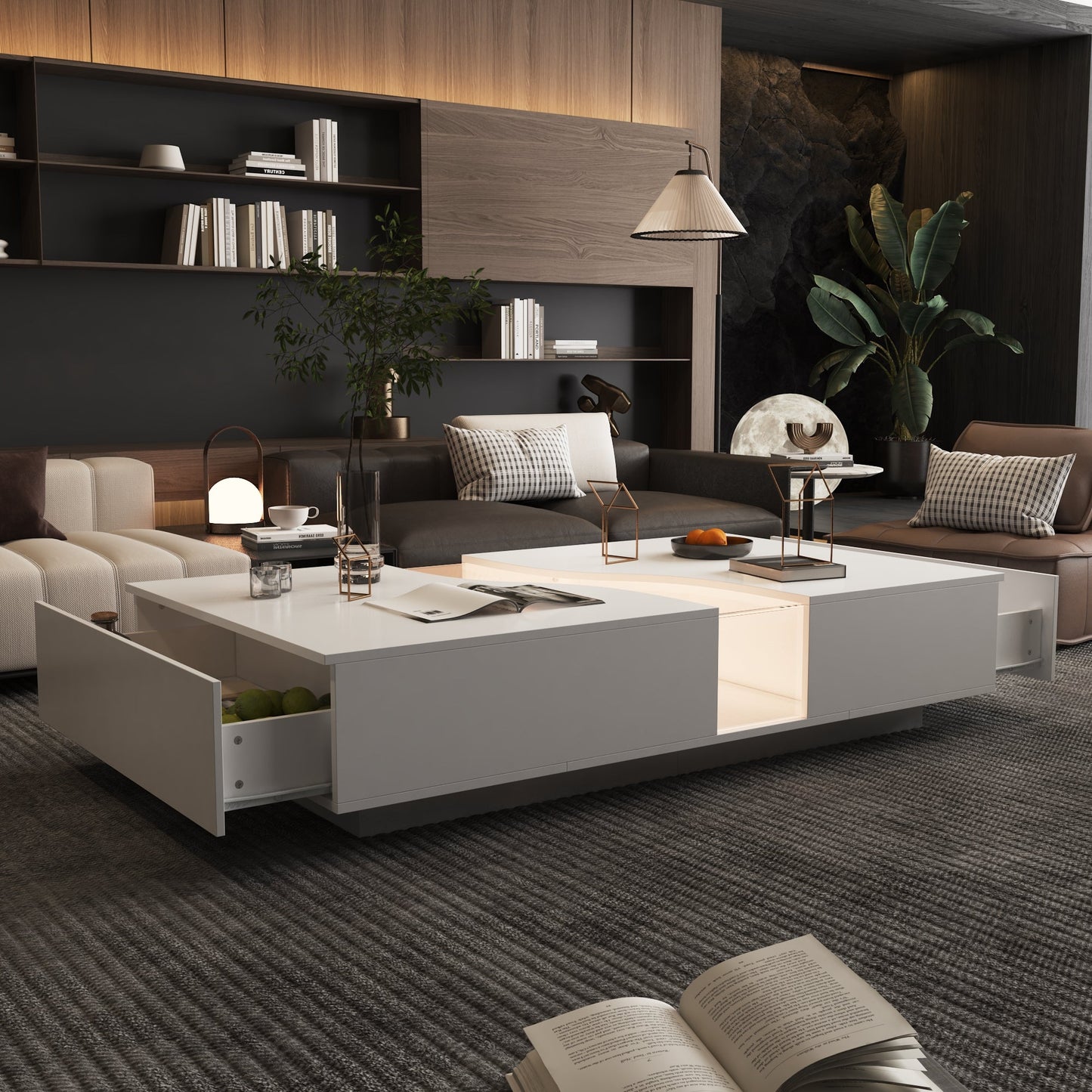 Table basse avec finition en verre au centre