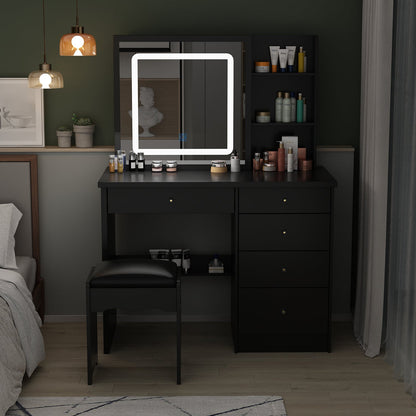 Ensemble coiffeuse avec miroir coulissant éclairé, tabouret rembourré, 5 tiroirs et étagères