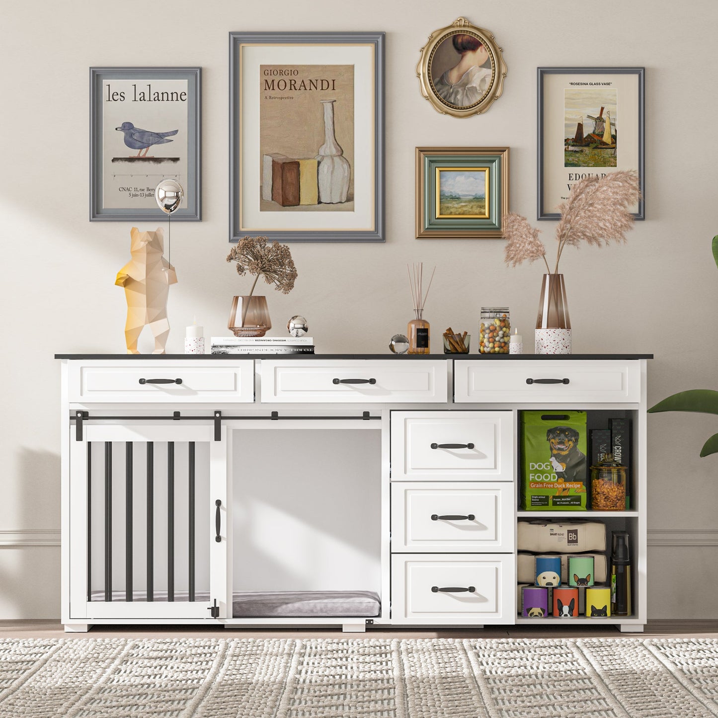 Cage pour chien à 6 tiroirs et 2 compartiments avec porte de style grange