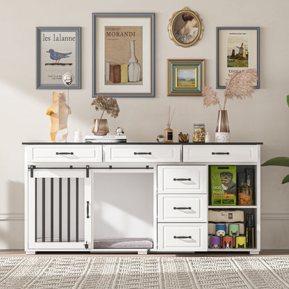 Cage pour chien à 6 tiroirs et 2 compartiments avec porte de style grange