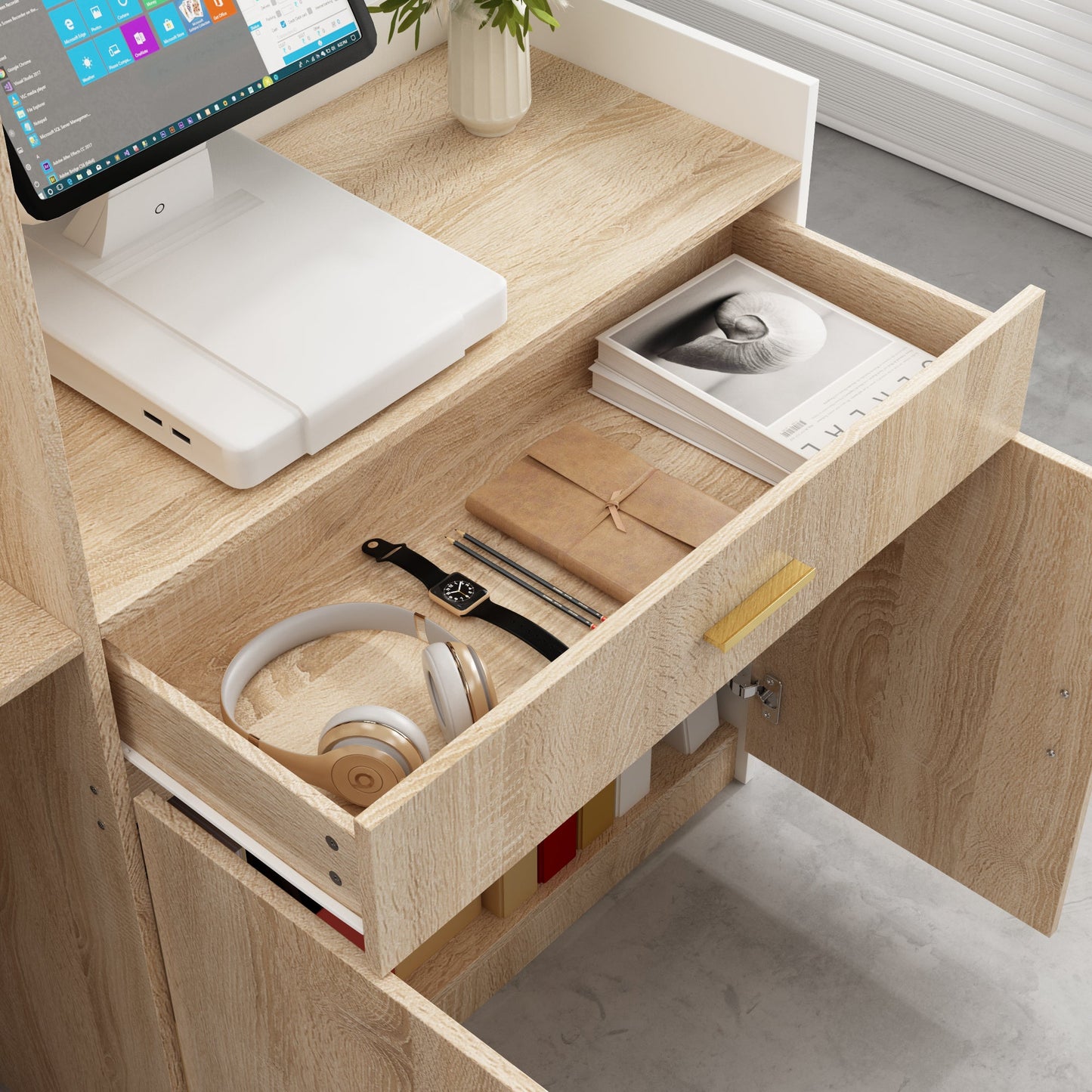 Bureau d'accueil rectangulaire de 87,2 po de largeur avec tiroir et plateau pour clavier