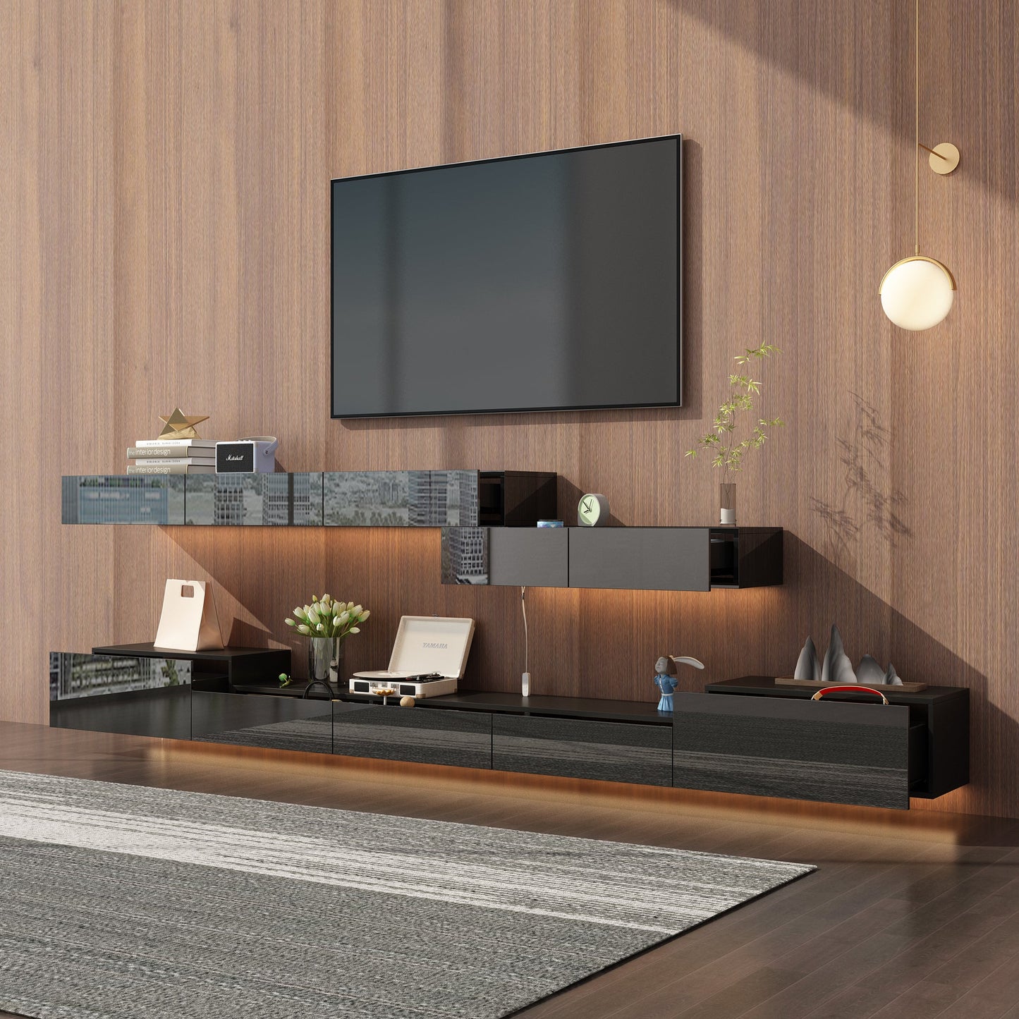 Meuble TV 2 pièces laqué brillant avec éclairage