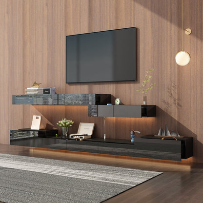 Meuble TV 2 pièces laqué brillant avec éclairage