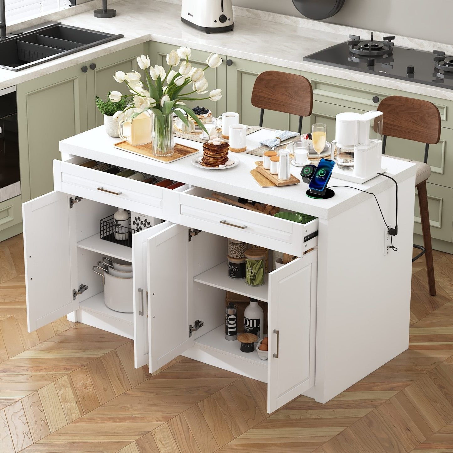 Îlot de cuisine de 61 po de largeur avec 2 tiroirs et 4 portes