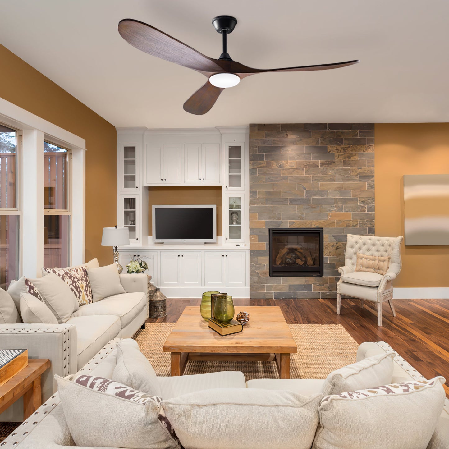 Ventilateur de plafond avec éclairage, télécommande, 3 pales réversibles en bois, 2 tiges de suspension