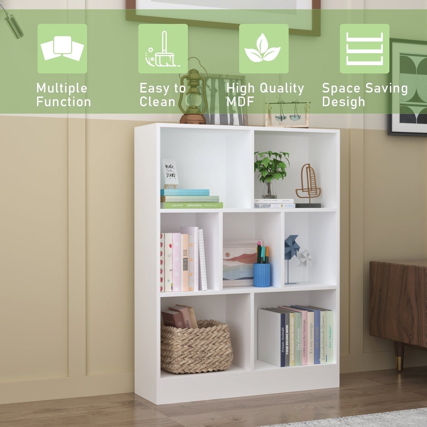 Meuble d'entrée, bibliothèque large pour enfants avec plusieurs compartiments et étagère à 3 niveaux 