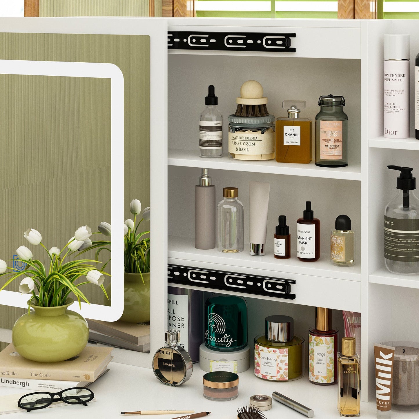 Ensemble coiffeuse avec miroir coulissant éclairé, tabouret rembourré, 5 tiroirs et étagères