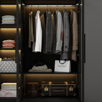 Grande armoire de chambre à coucher avec rangement pour vêtements, éclairage LED et portes vitrées