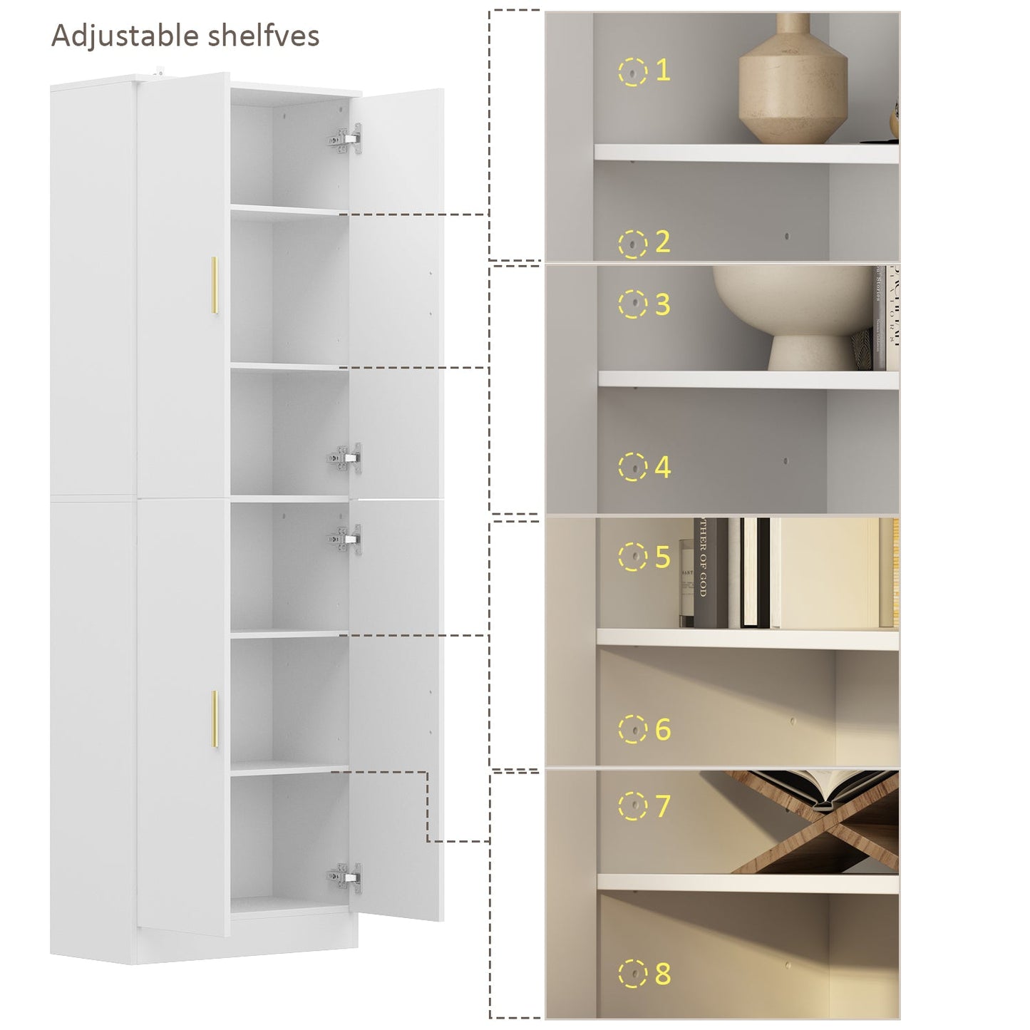 Armoire de rangement blanche à 6 étagères, compartiments réglables et étagère haute