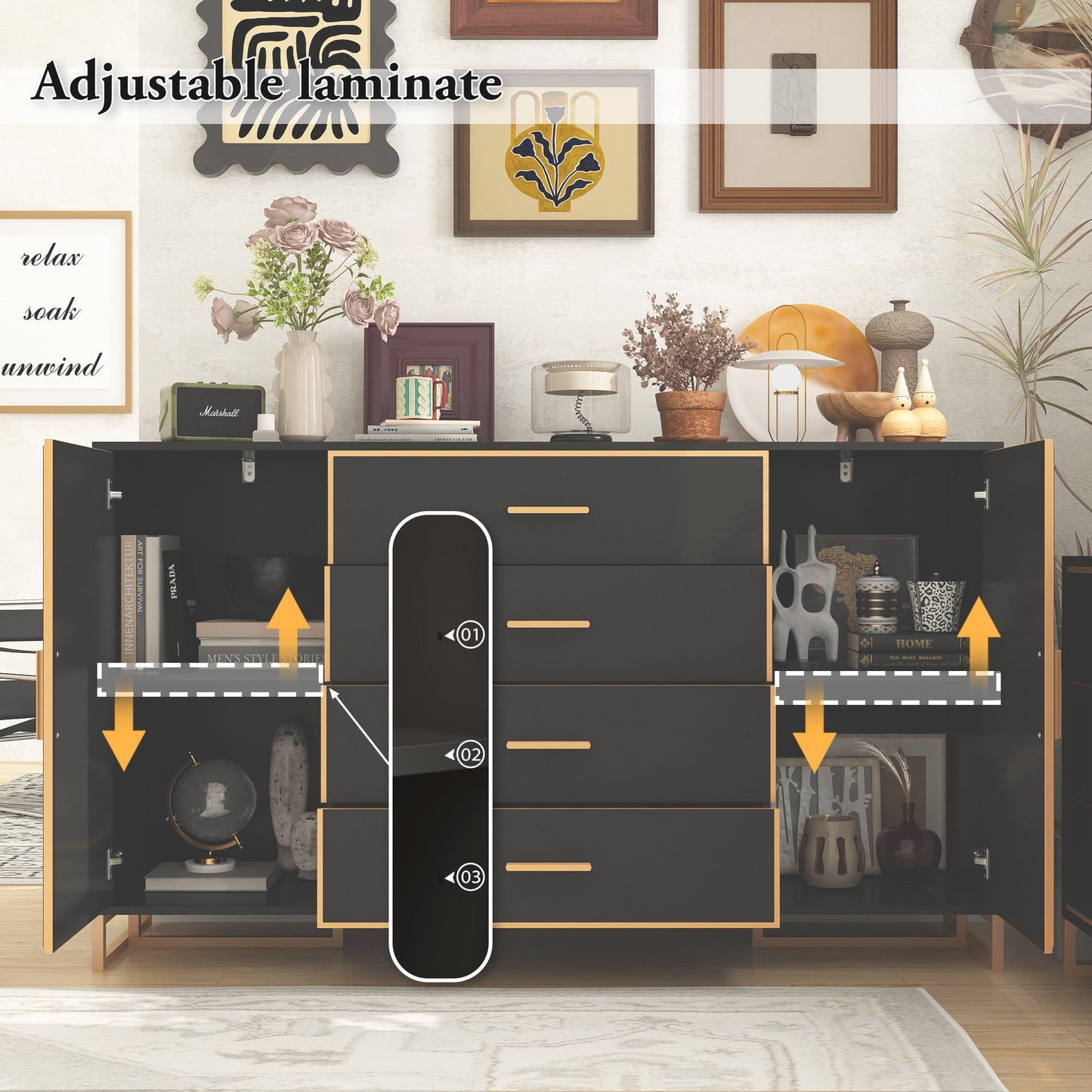 Commode à 2 portes et 4 tiroirs avec étagères réglables