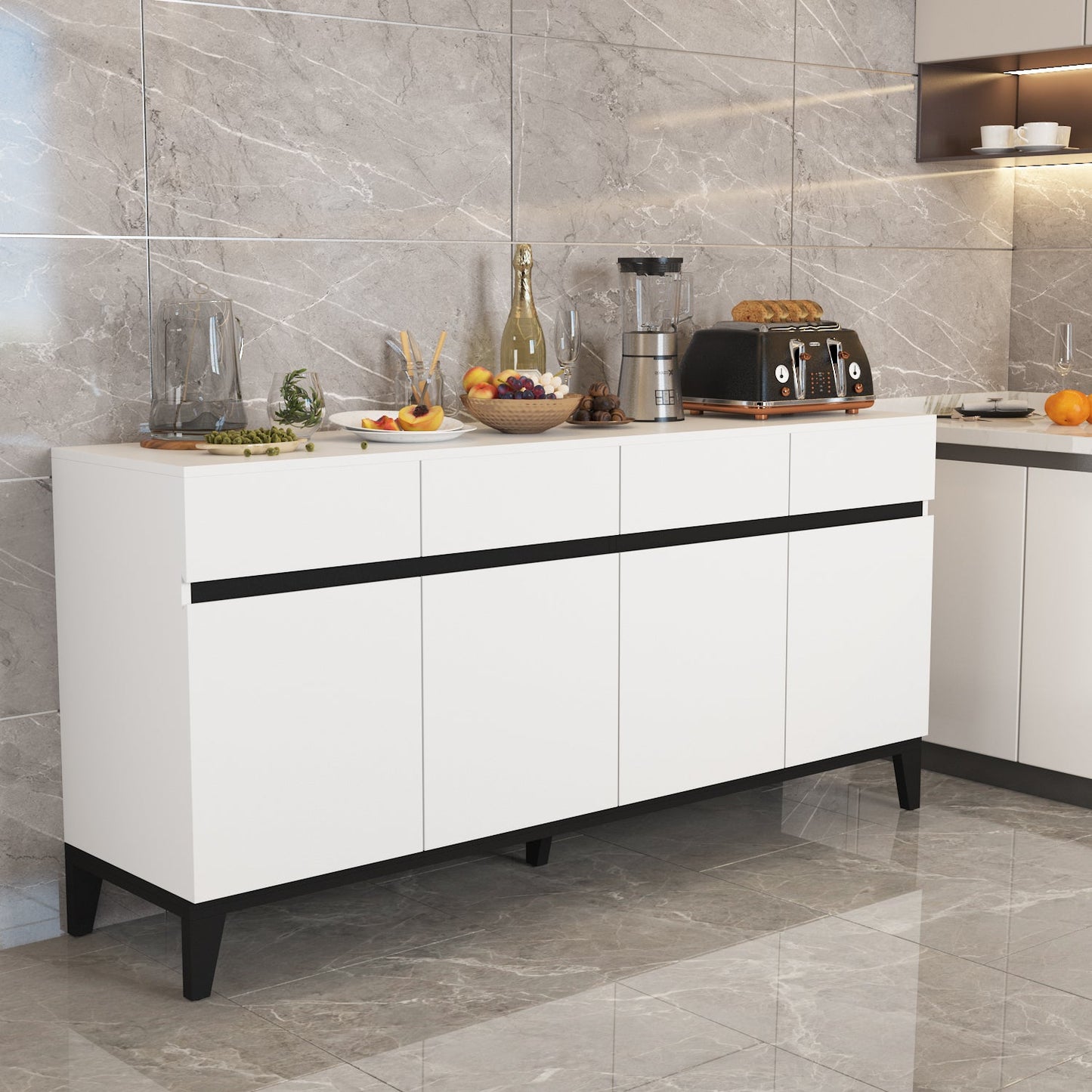 Buffet moderne à 4 portes et 4 tiroirs, meuble de rangement pour cuisine