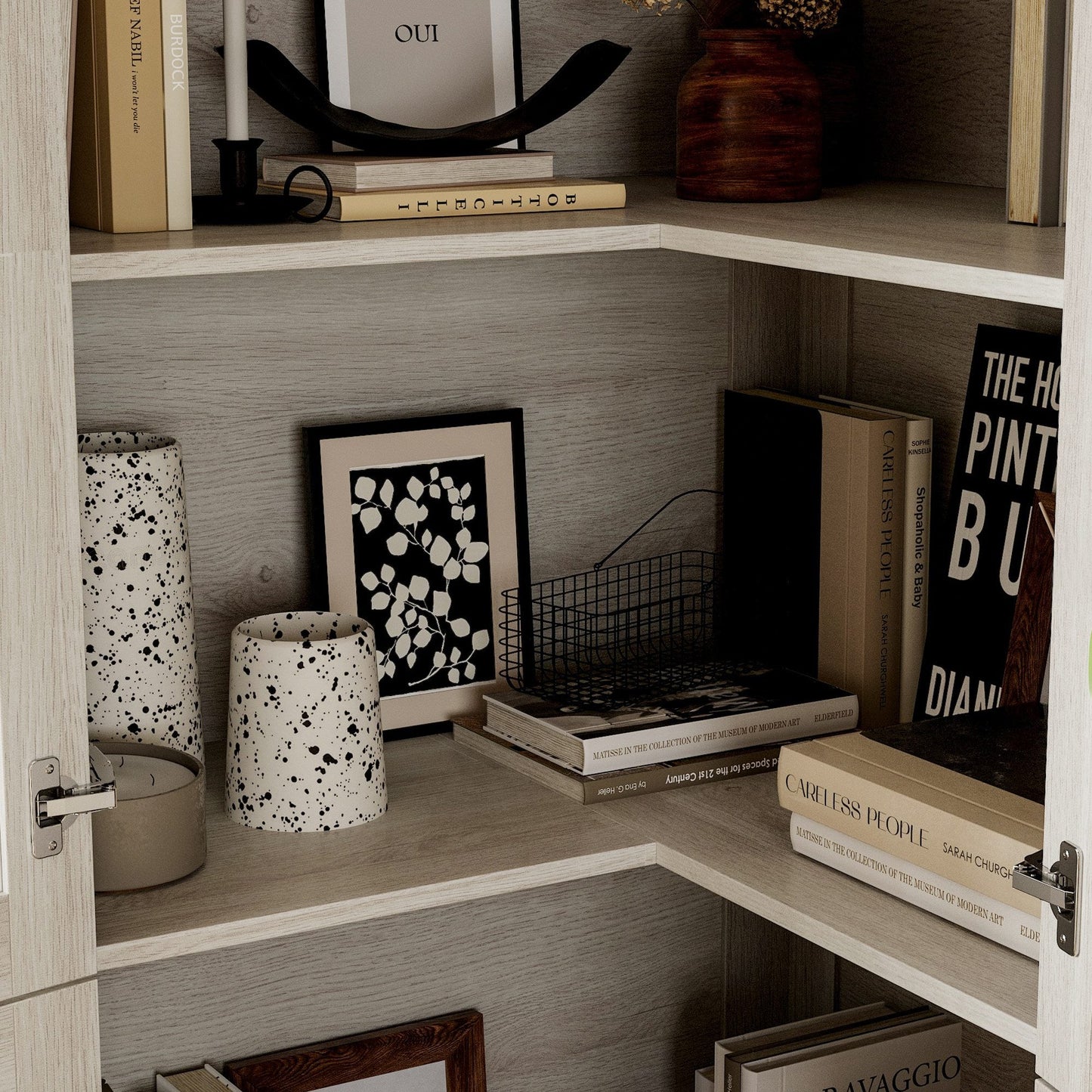 Bibliothèque modulaire à 4 tiroirs avec portes en verre dépoli, 71 po H x 126 po L