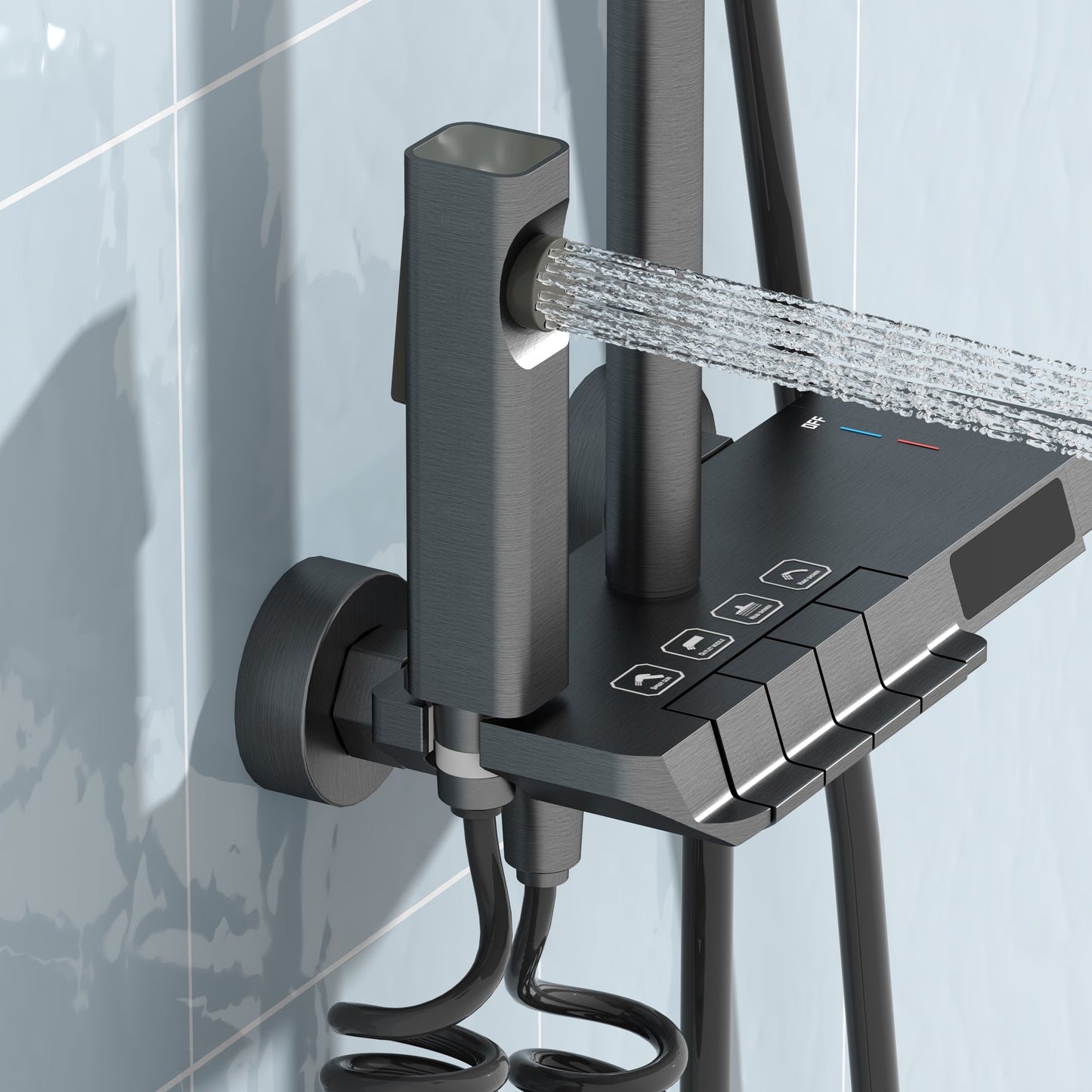 Système de douche complet avec écran LED, douchette à main, bec cascade et pistolet de douche