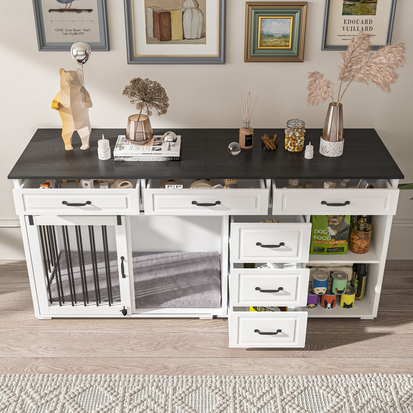 Cage pour chien à 6 tiroirs et 2 compartiments avec porte de style grange