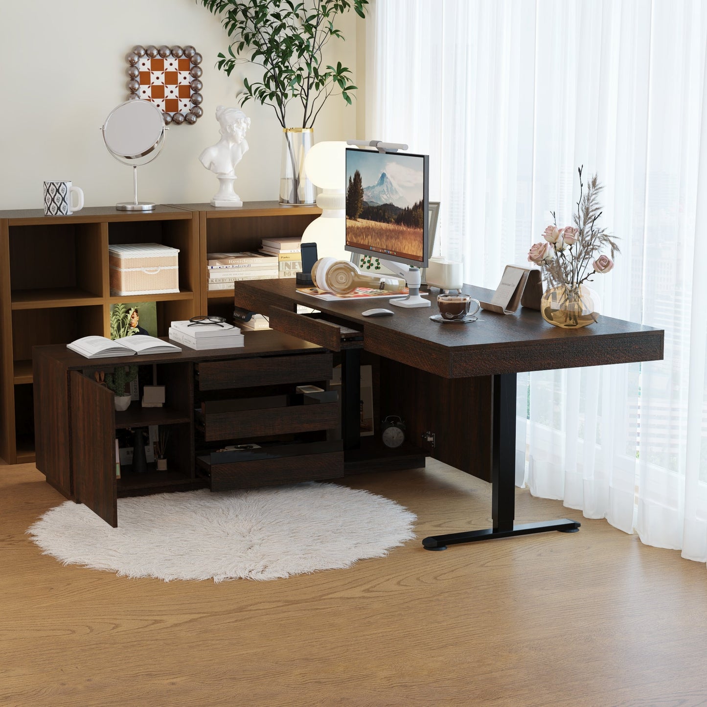 Bureau d'ordinateur en L à 3 tiroirs relevables (hauteur réglable de 74 à 112 cm) avec bibliothèque de 150 cm de large