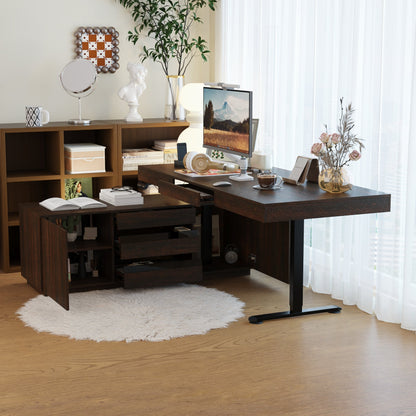 Bureau d'ordinateur en L à 3 tiroirs relevables (hauteur réglable de 74 à 112 cm) avec bibliothèque de 150 cm de large