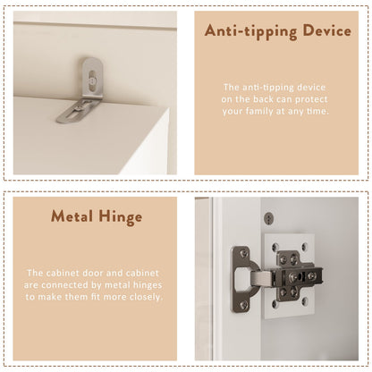 Grande bibliothèque vitrine avec étagères de rangement, 3 portes vitrées et 4 tiroirs avec poignées en métal