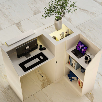 Comptoir d'accueil moderne à éclairage LED avec étagères ouvertes et compartiments de rangement