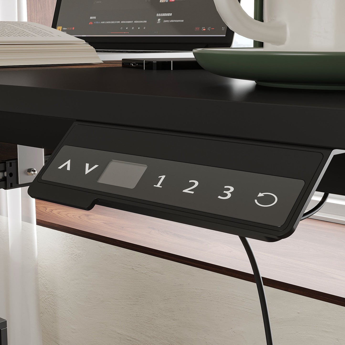 Bureau électrique moderne à hauteur réglable avec deux modules de rangement et un panneau perforé organisateur