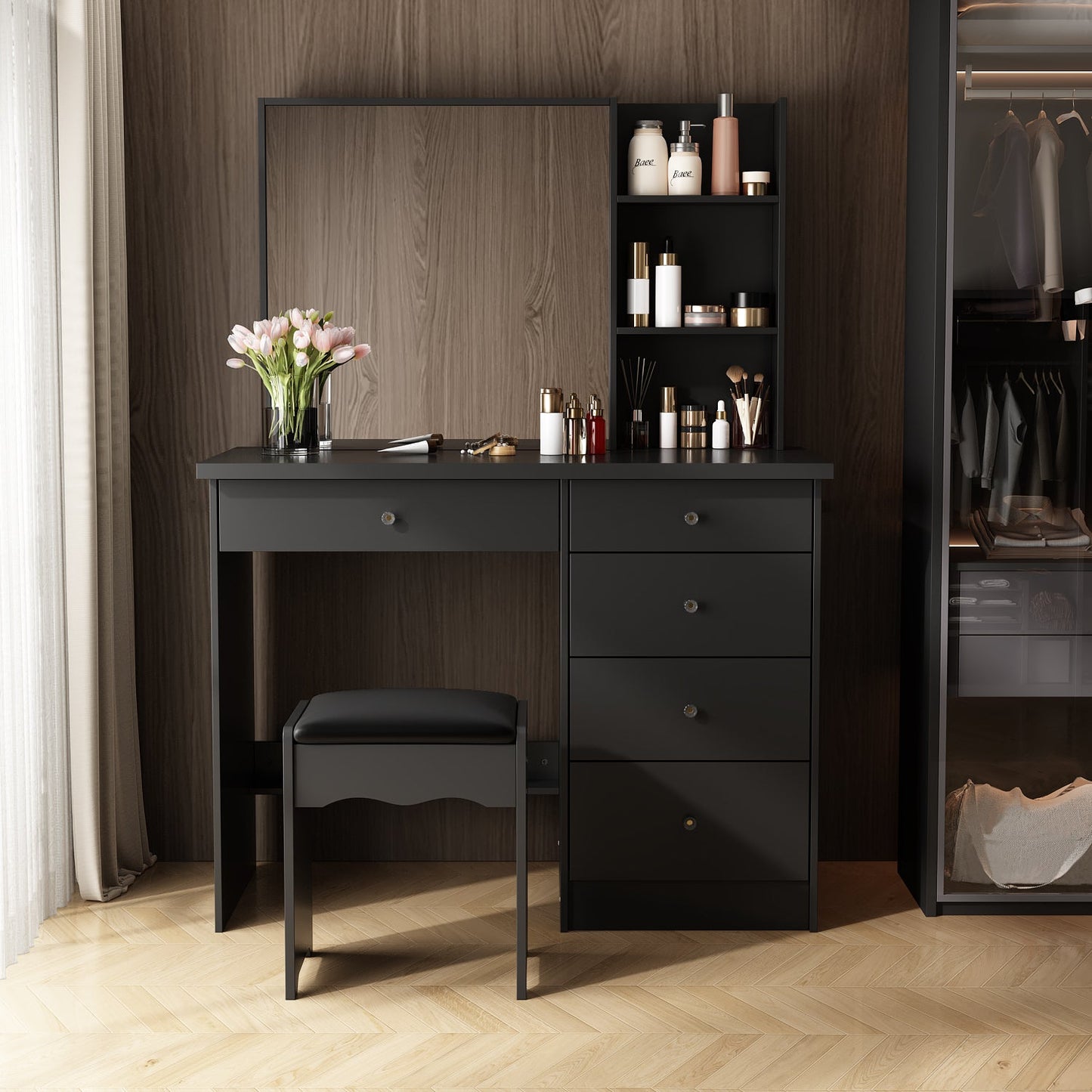 Ensemble coiffeuse avec miroir coulissant éclairé, tabouret rembourré, 5 tiroirs et étagères