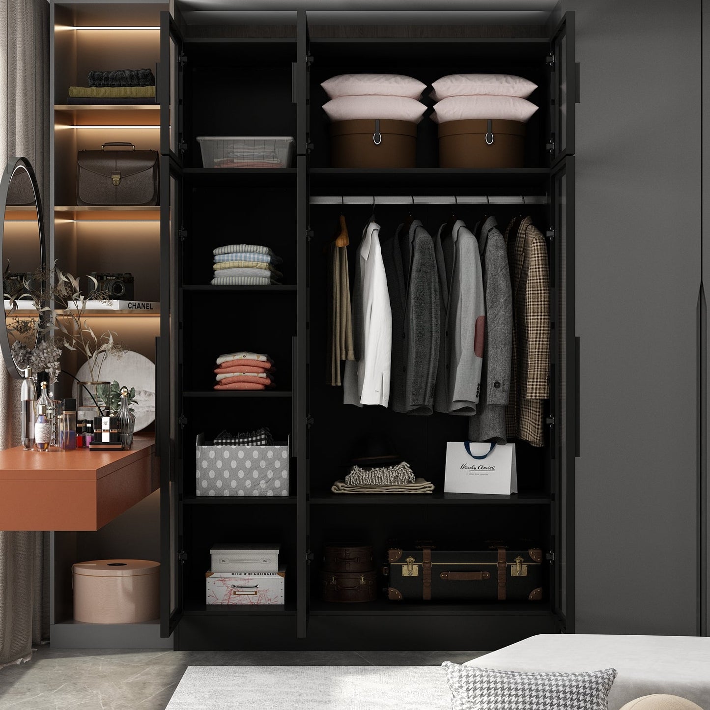 Grande armoire de chambre à coucher avec rangement pour vêtements, éclairage LED et portes vitrées