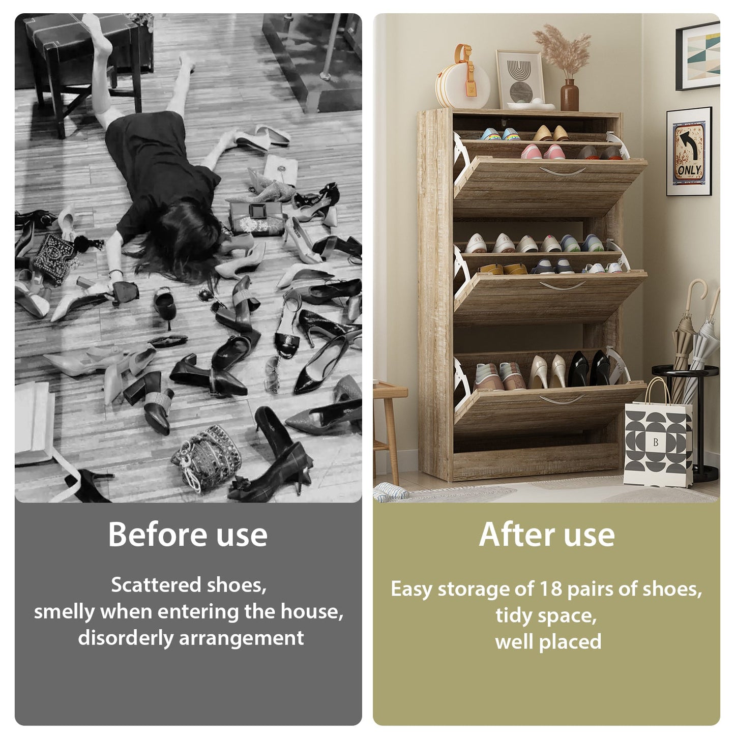 Meuble à chaussures de style campagnard avec 3 portes rabattables, organisateur de chaussures pour entrée/couloir