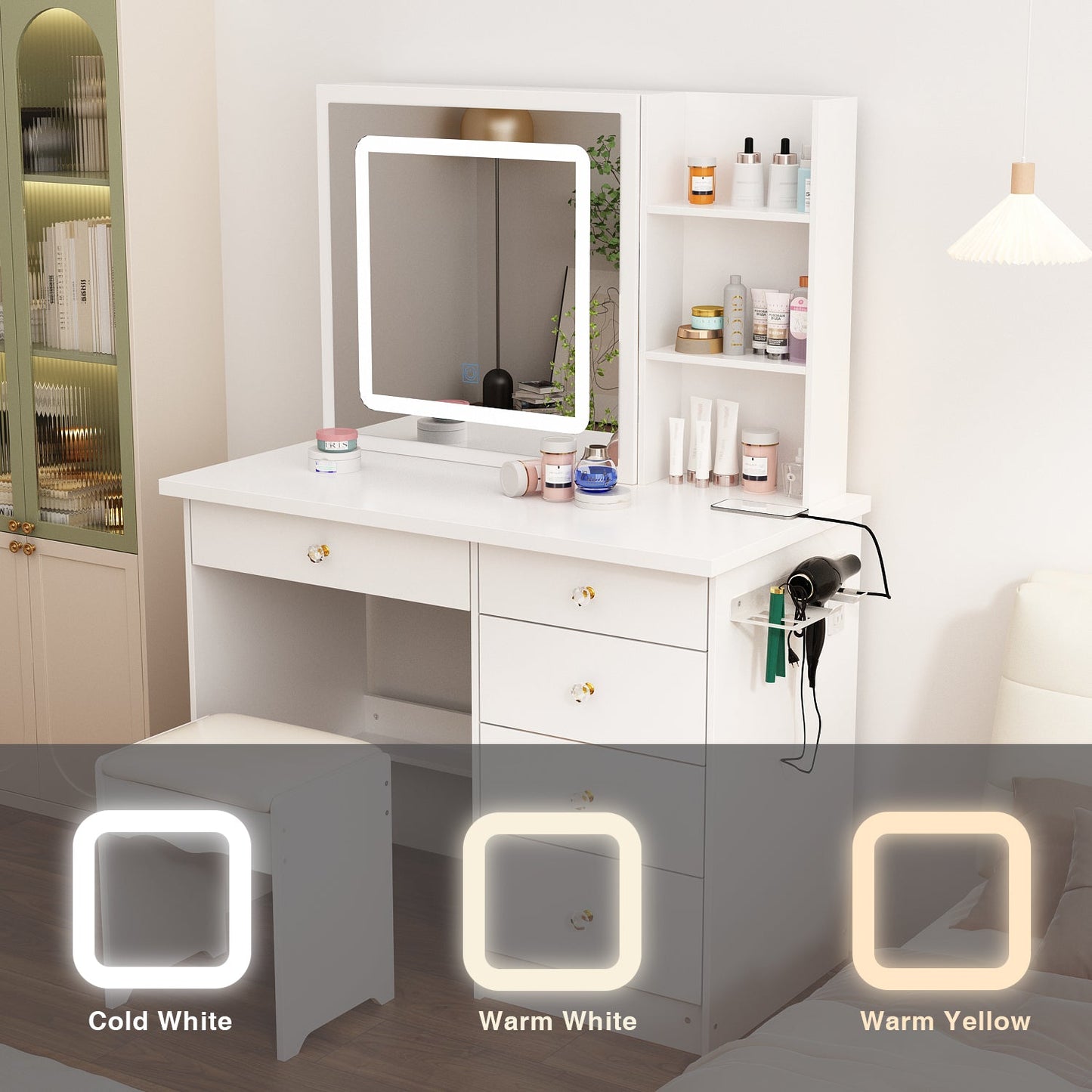 Coiffeuse avec miroir lumineux et prise électrique 