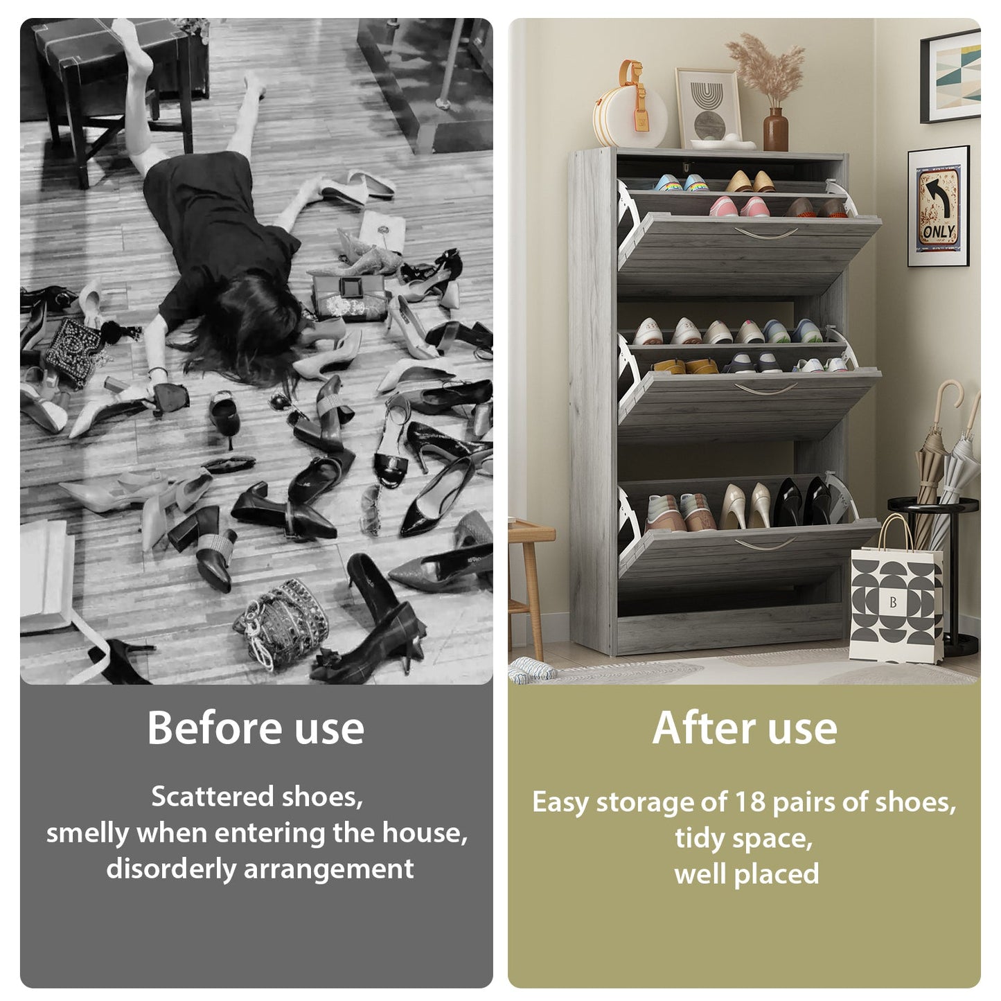 Meuble à chaussures de style campagnard avec 3 portes rabattables, organisateur de chaussures pour entrée/couloir