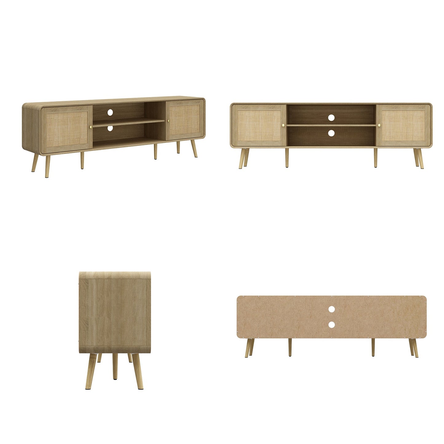 Meuble TV/console multimédia de 70,9 pouces de large avec 2 étagères ouvertes et portes en rotin