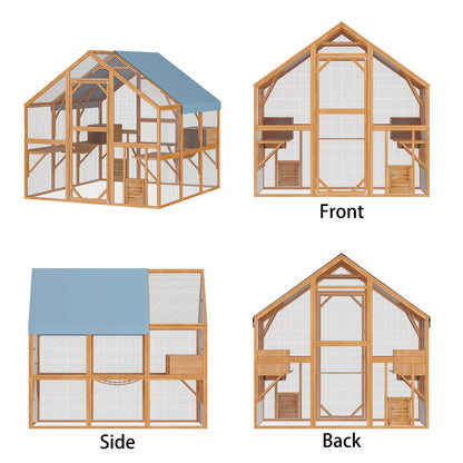 Grand enclos extérieur en bois pour chats, comprenant des niches, des ponts et des allées.