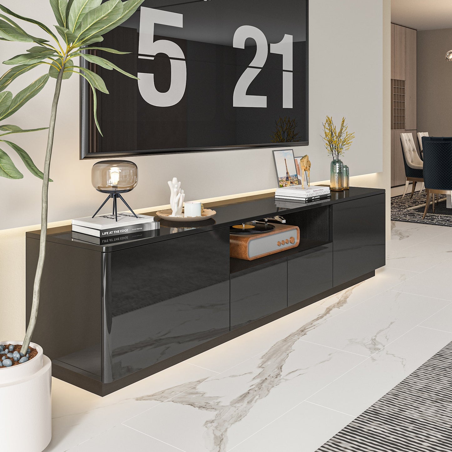 Meuble TV LED, console, centre multimédia, finition brillante