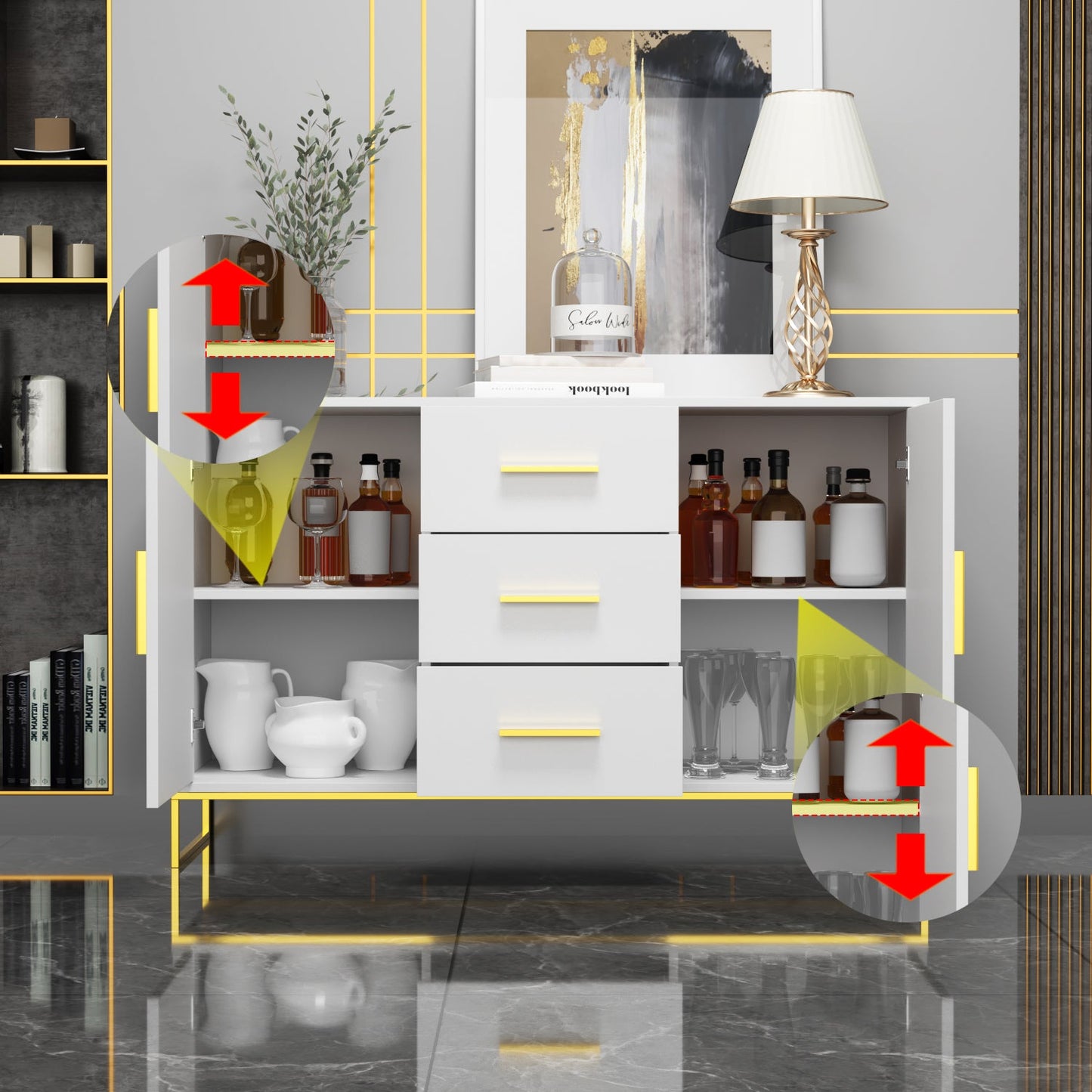 Meuble de rangement à 3 tiroirs et 2 portes, pieds en métal, pour salle à manger et salon