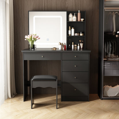 Ensemble coiffeuse avec miroir coulissant éclairé, tabouret rembourré, 5 tiroirs et étagères