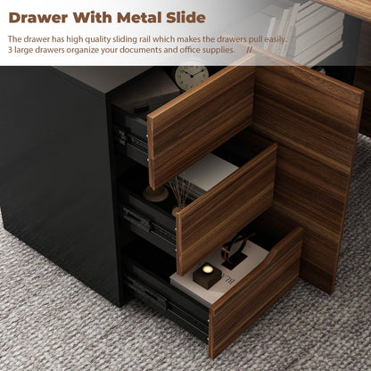 Bureau d'angle en forme de L avec tiroirs, finition bois brun.