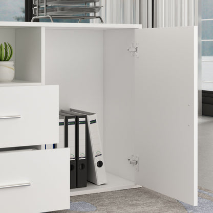 Bureau d'ordinateur en forme de L avec tiroirs et étagères, idéal pour écrire et jouer à domicile.