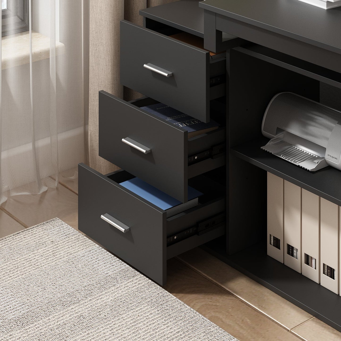 Bureau d'angle en L de 55 pouces avec étagères et tiroirs 