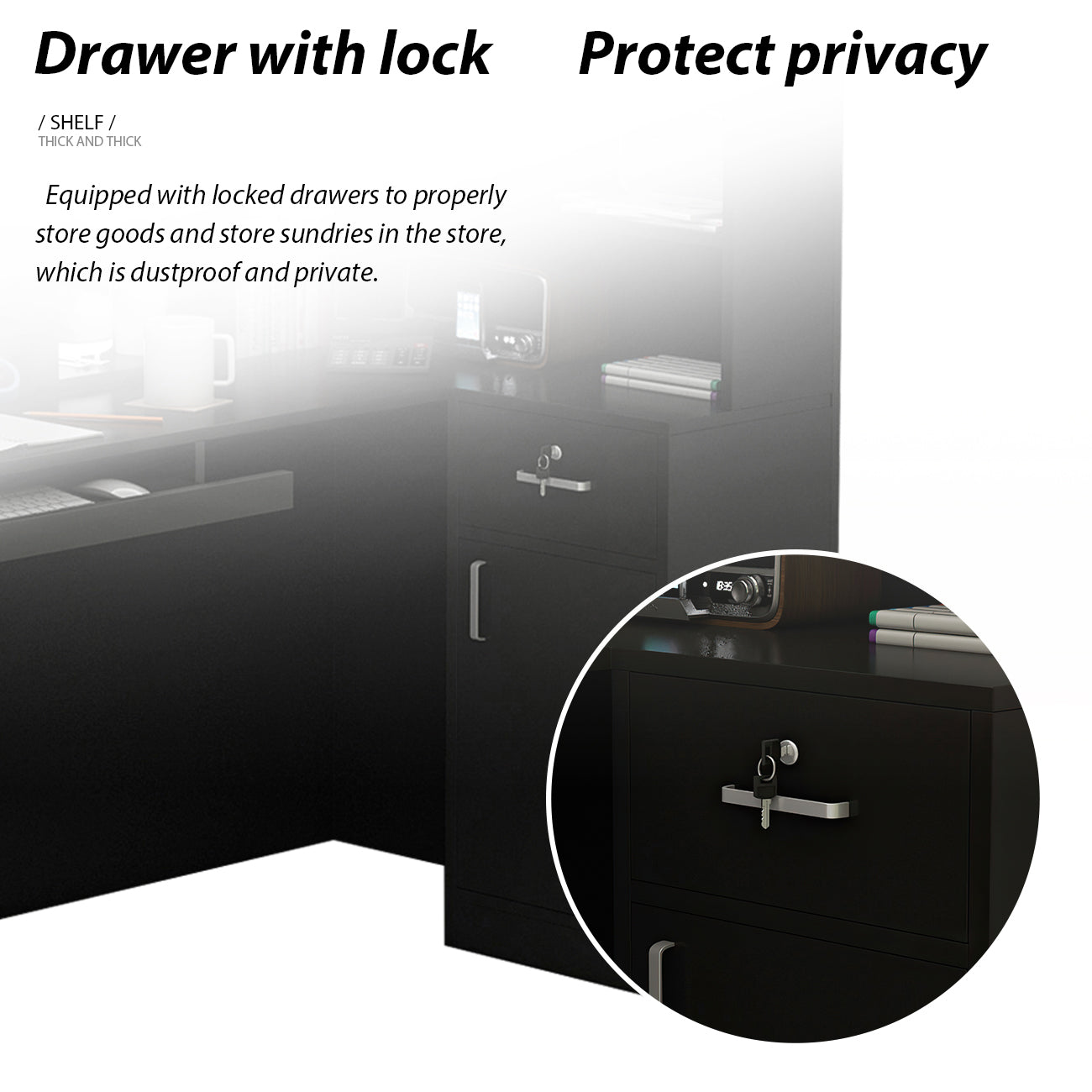 Bureau d'accueil en forme de L avec grands classeurs de rangement 