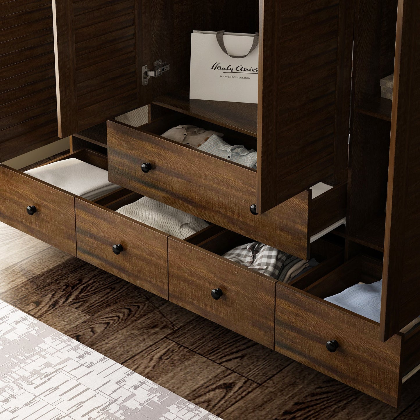 Grande armoire-penderie pour chambre à coucher, meuble de rangement à 4 portes et 5 tiroirs