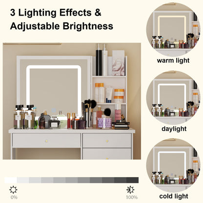 Ensemble coiffeuse avec miroir coulissant éclairé, tabouret rembourré, 5 tiroirs et étagères