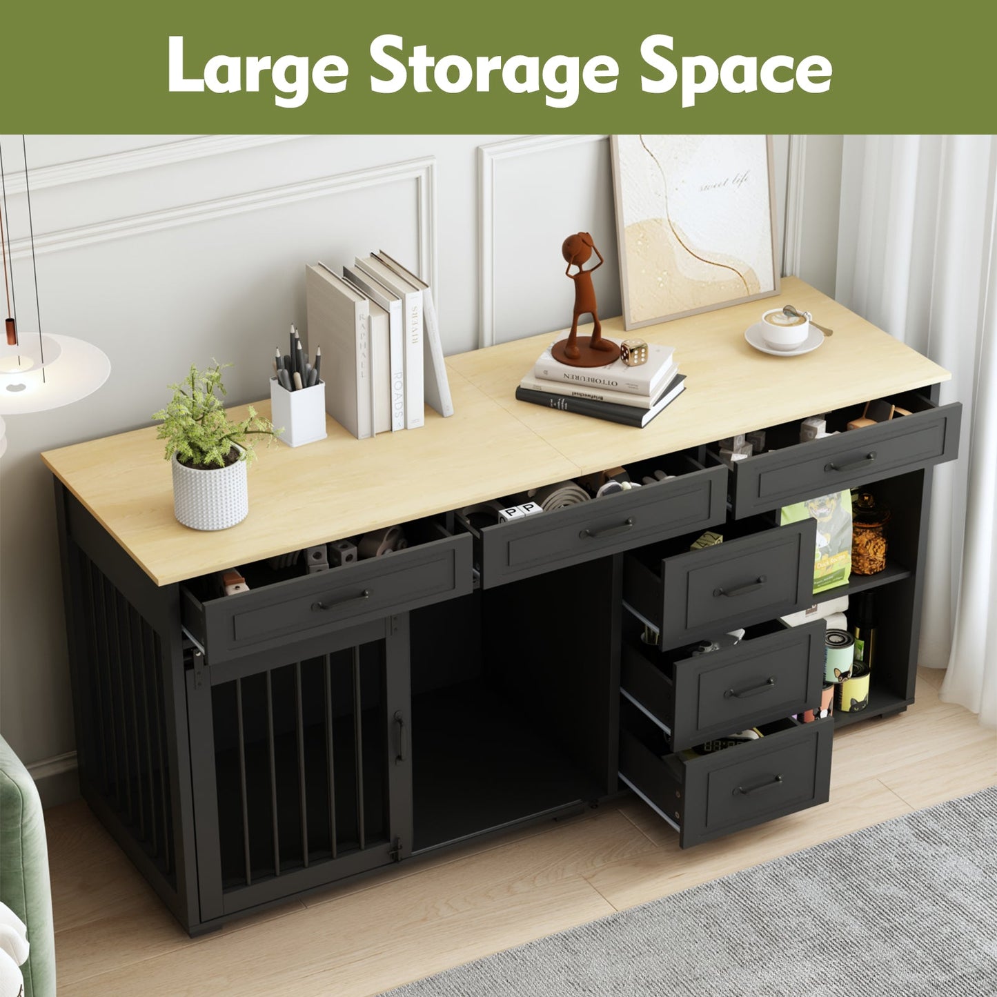 Cage pour chien à 6 tiroirs et 2 compartiments avec porte de style grange