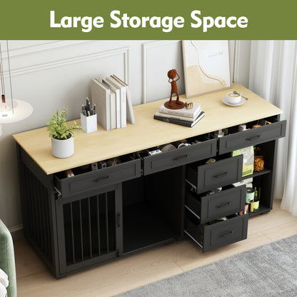 Cage pour chien à 6 tiroirs et 2 compartiments avec porte de style grange