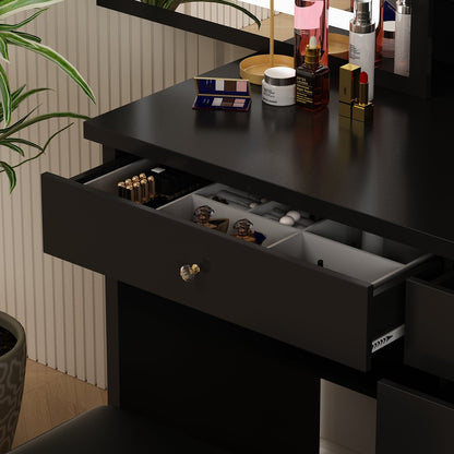 Ensemble coiffeuse avec miroir coulissant éclairé, tabouret rembourré, 5 tiroirs et étagères