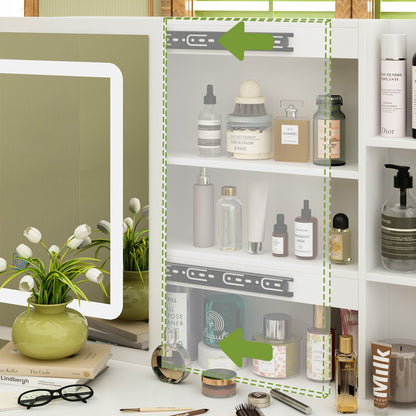 Ensemble coiffeuse avec miroir coulissant éclairé, tabouret rembourré, 5 tiroirs et étagères