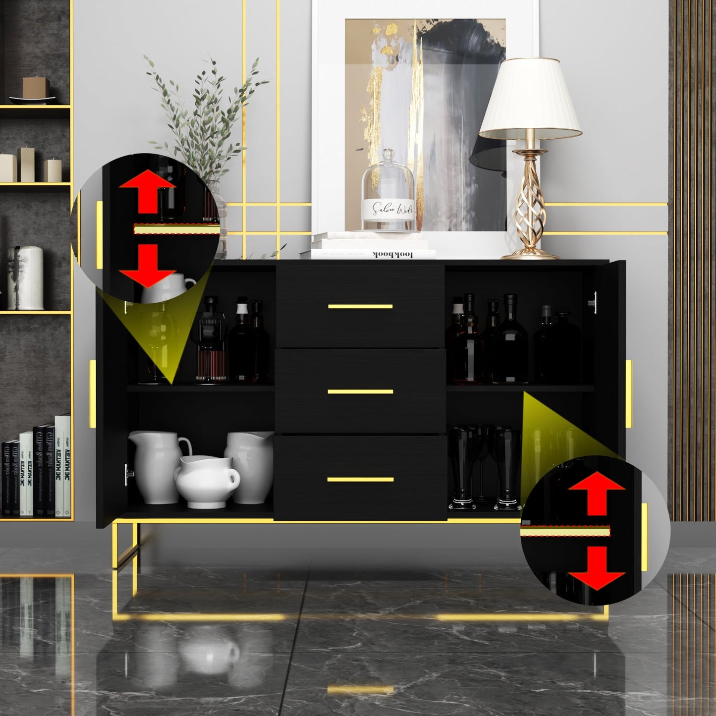 Meuble de rangement à 3 tiroirs et 2 portes, pieds en métal, pour salle à manger et salon